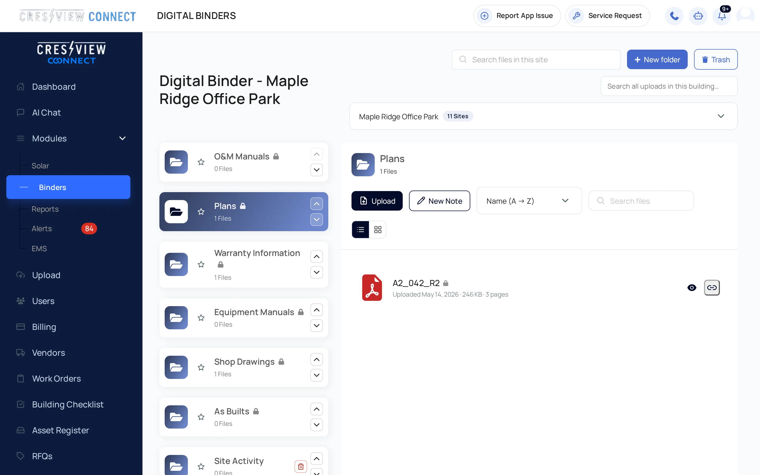 Digital Binder displaying building document folders