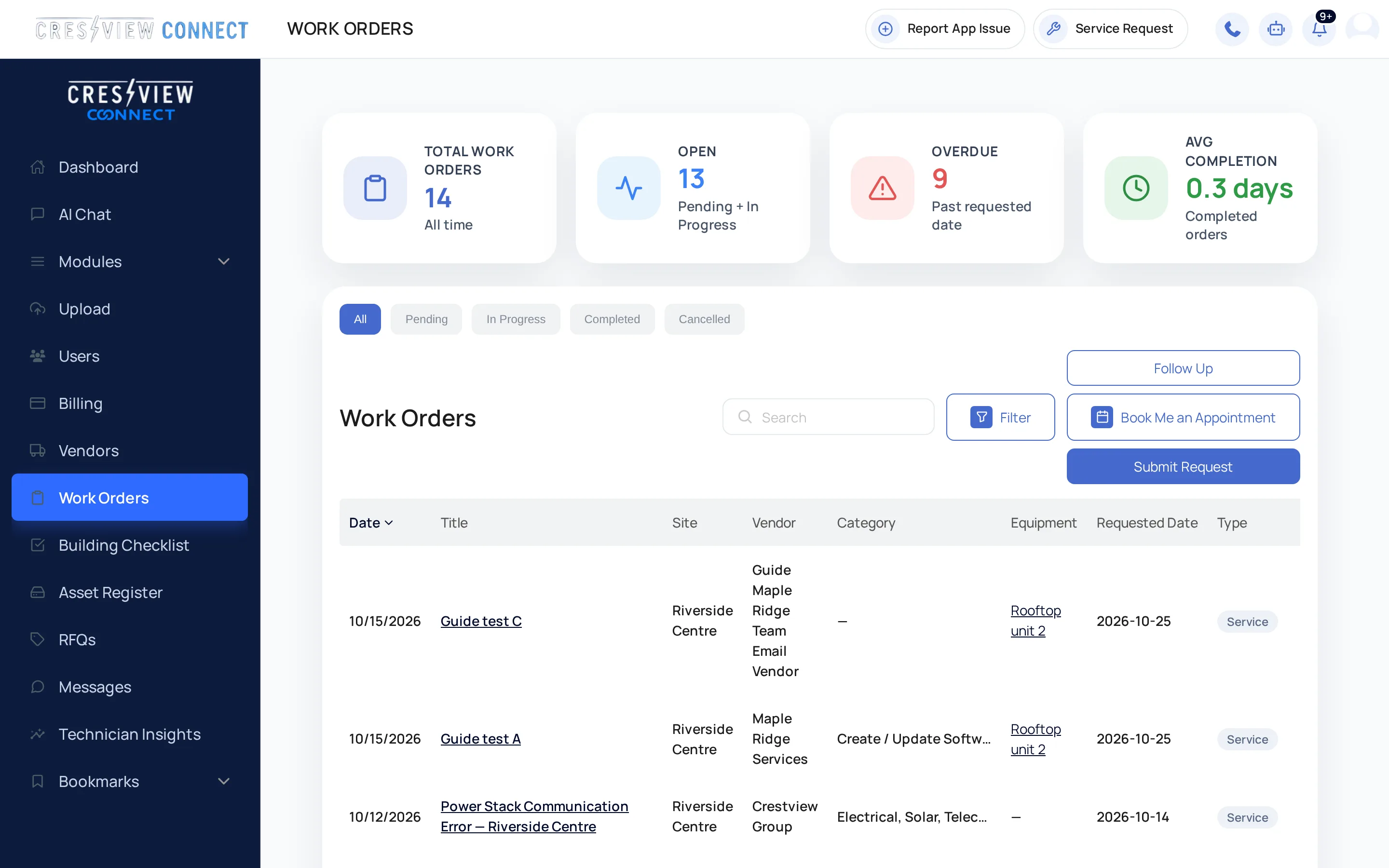 Client Work Orders page showing service jobs and their status